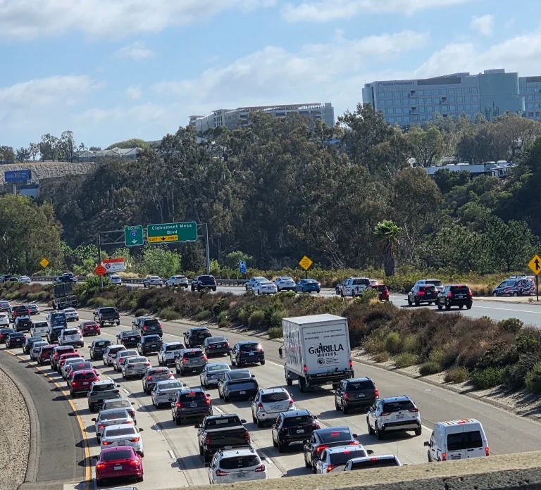 A Gorilla Movers box truck in heavy southbound traffic on Interstate 5 near the Clairemont Mesa Boulevard exit in San Diego