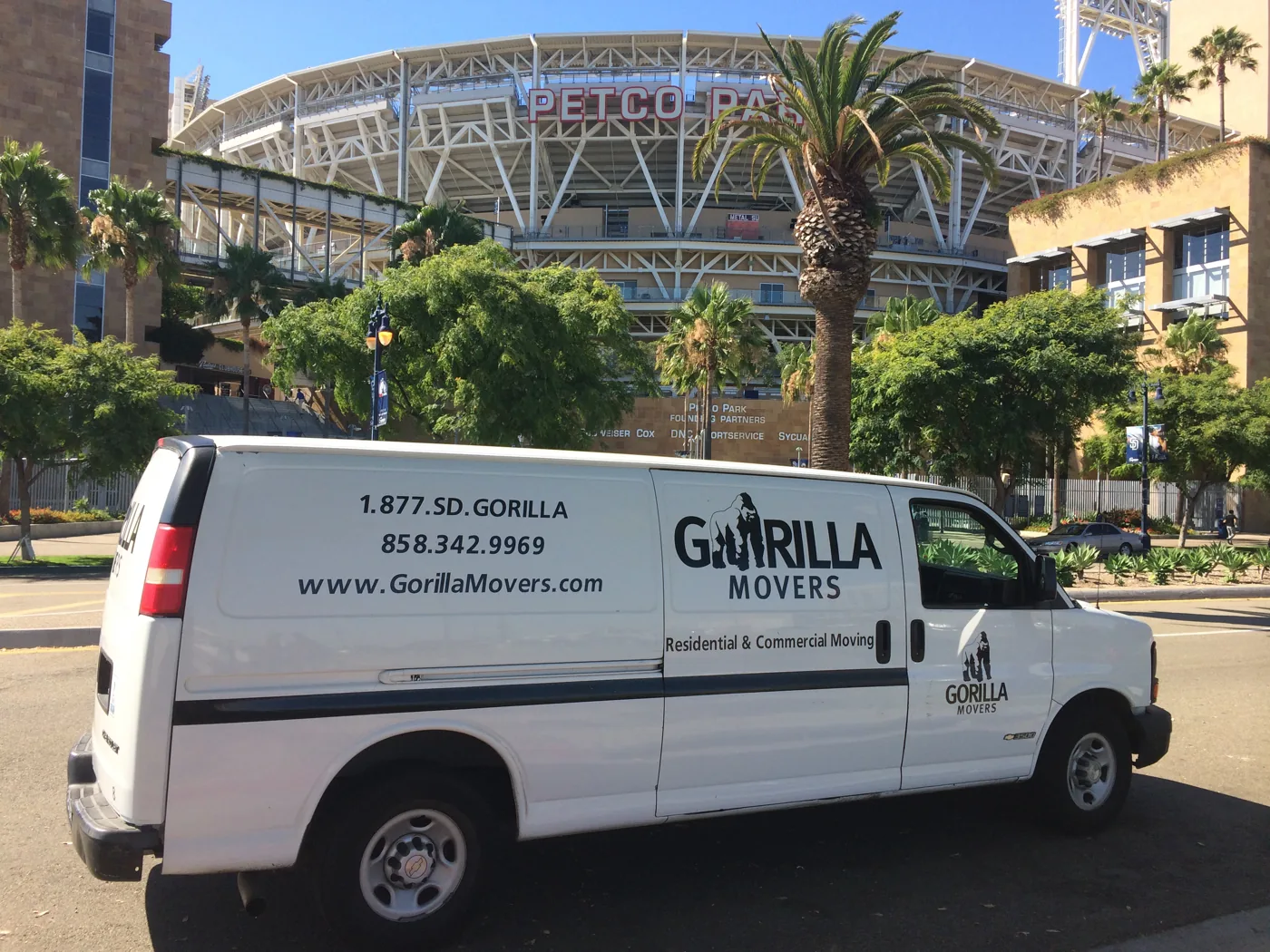 Gorilla Movers van parked outside Petco Park in downtown San Diego
